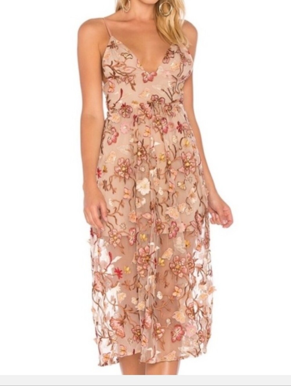 For Love & Lemons Floral Embroidered Midi Dress - Pink and Cream Small